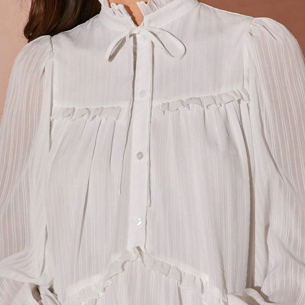 White Cute Women's Romantic Bow Ruffle Lantern Sleeve A-Line Mini Dress - Picture 2 of 7